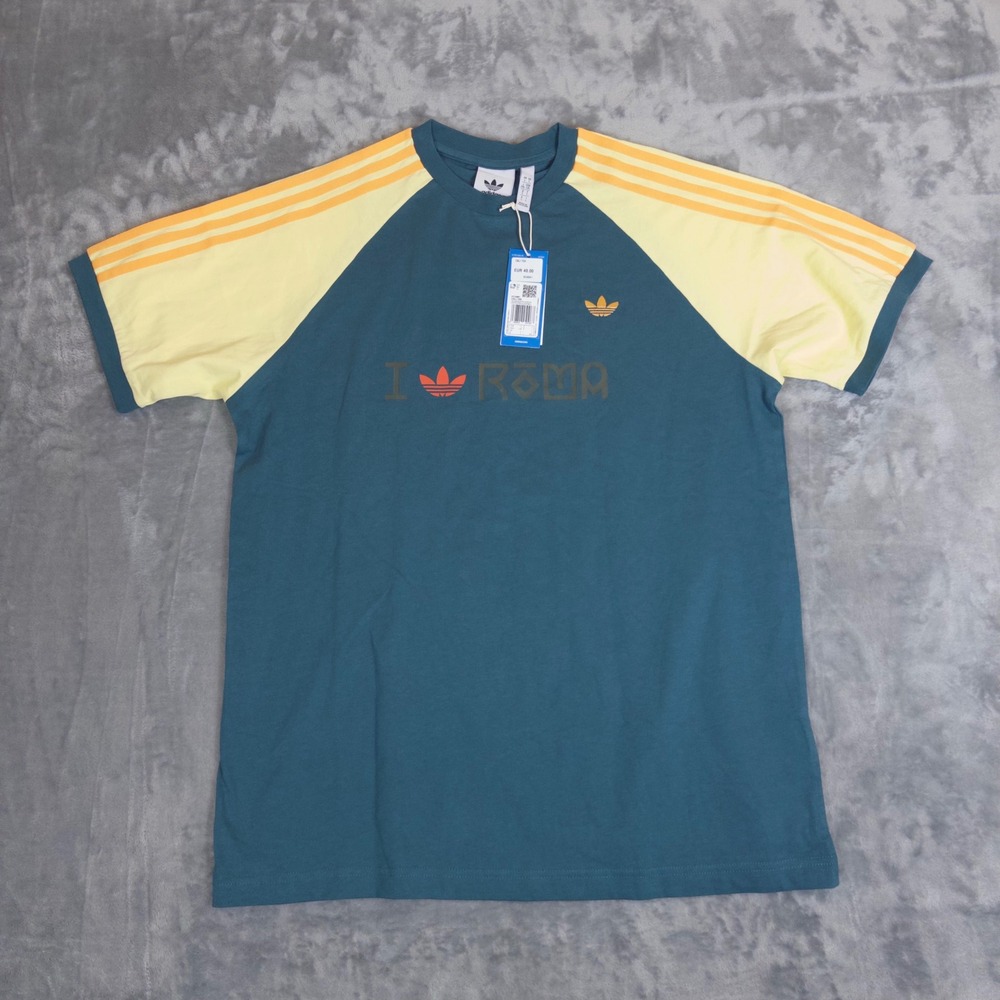 Adidas Cali Tee Mens Large Teal Yellow Roma Graphic Raglan 3-Stripes KC4961 NWT